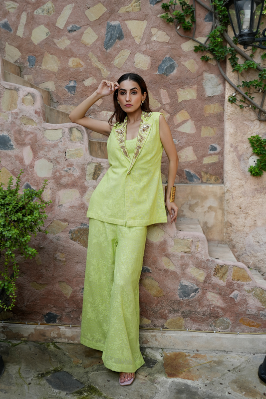 A contemporary lime-green co-ord set