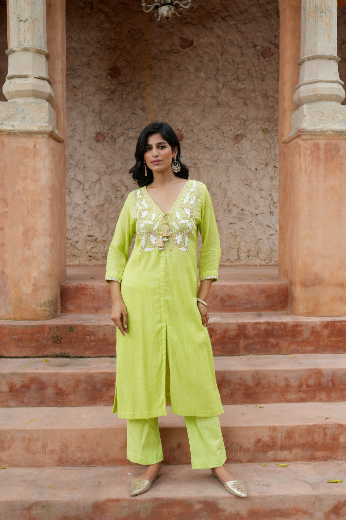A refreshing lime-green kurta set