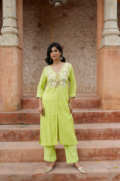 A refreshing lime-green kurta set