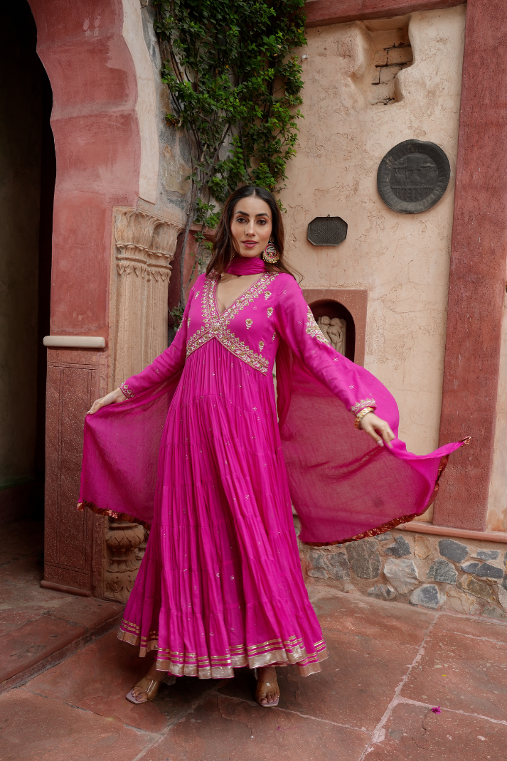 Fuchsia with Delicate Mirror work Anarkali Set