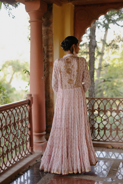 Pink khadi print anarkali with gota work