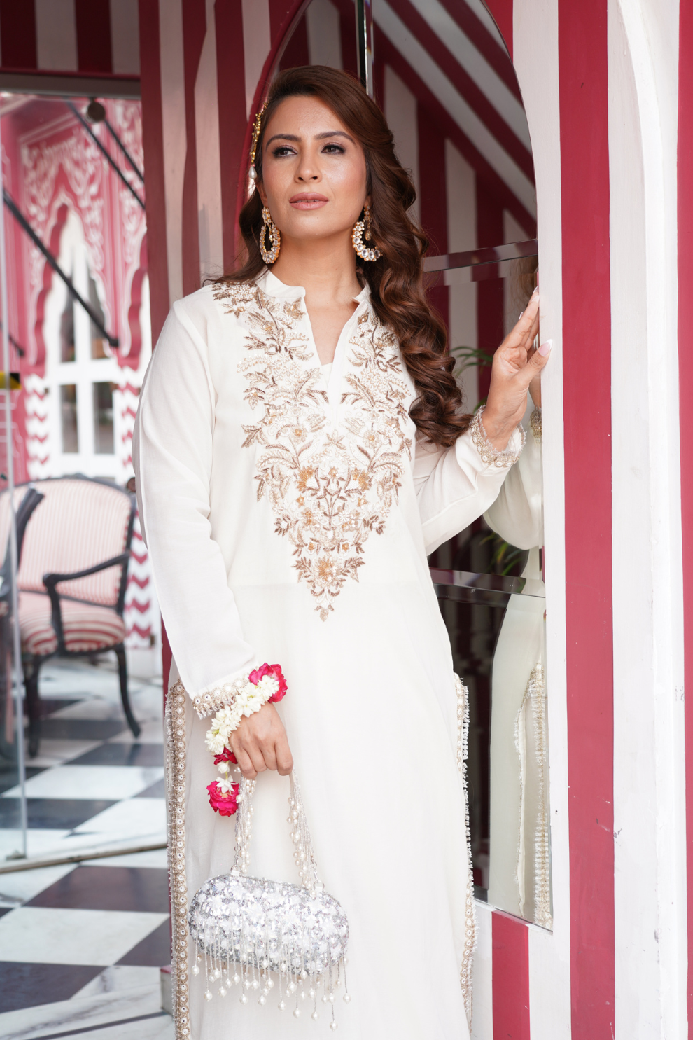 Ivory kurta with gold and pearl work