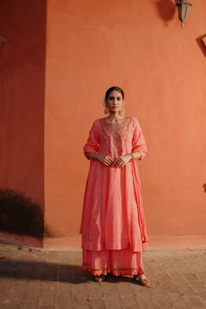 Coral Kurta with zari embroidery