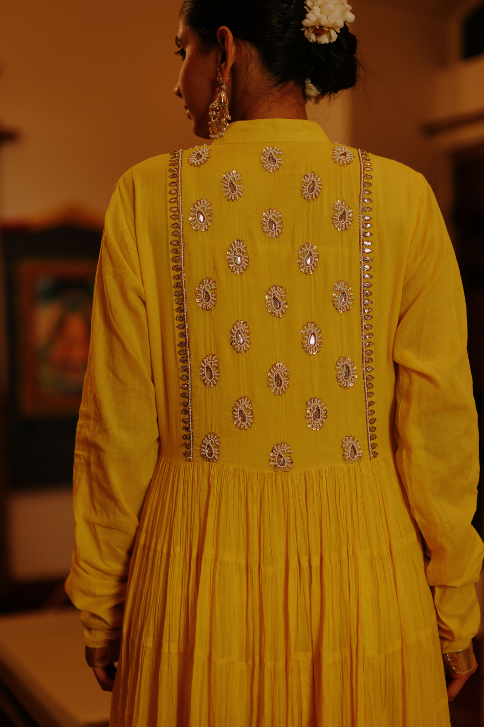 Yellow crushed kurta with embroidery