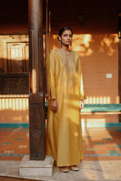 Yellow chanderi abaya with embroidered neckline