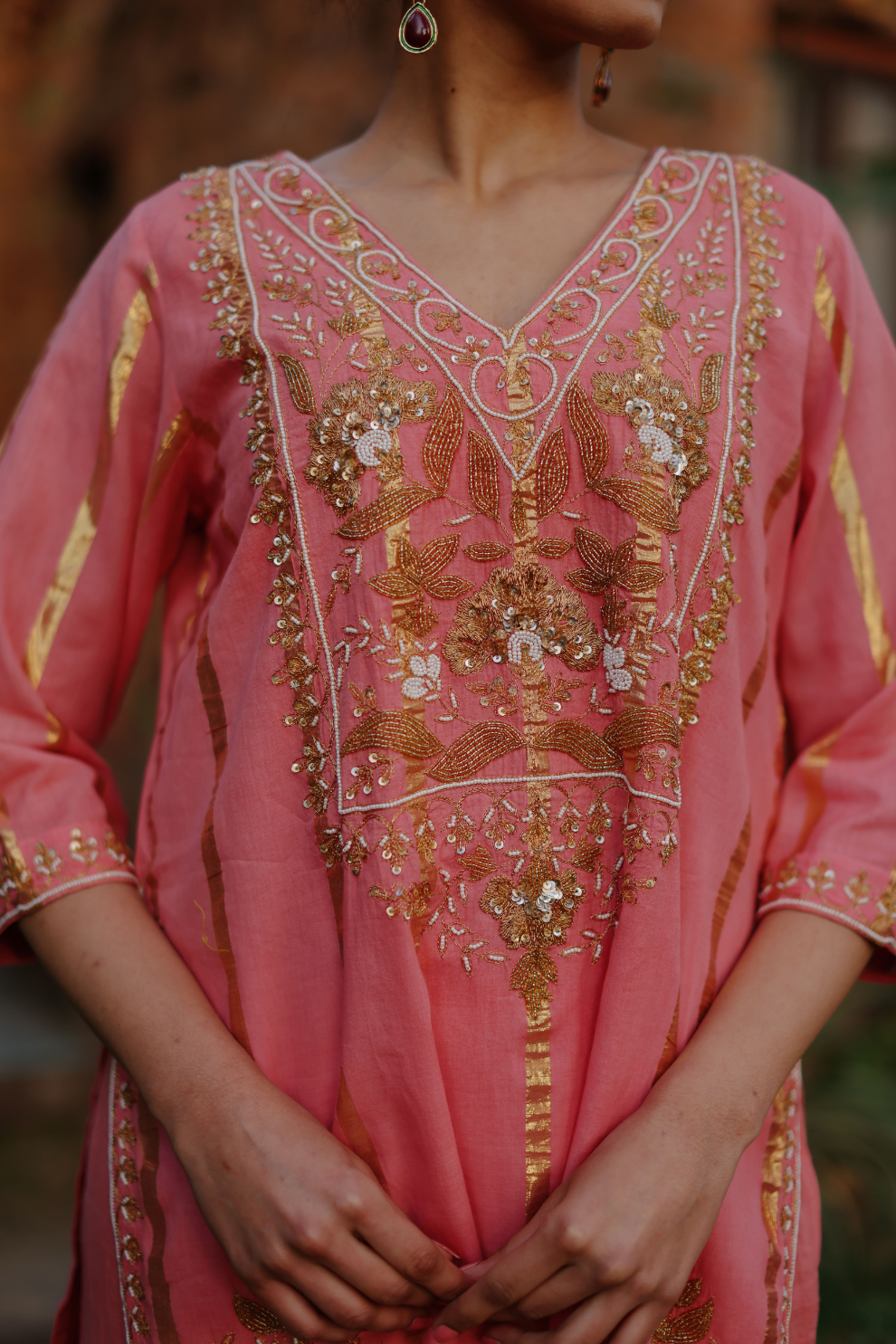 Coral embroidered kurta with crushed pallazo