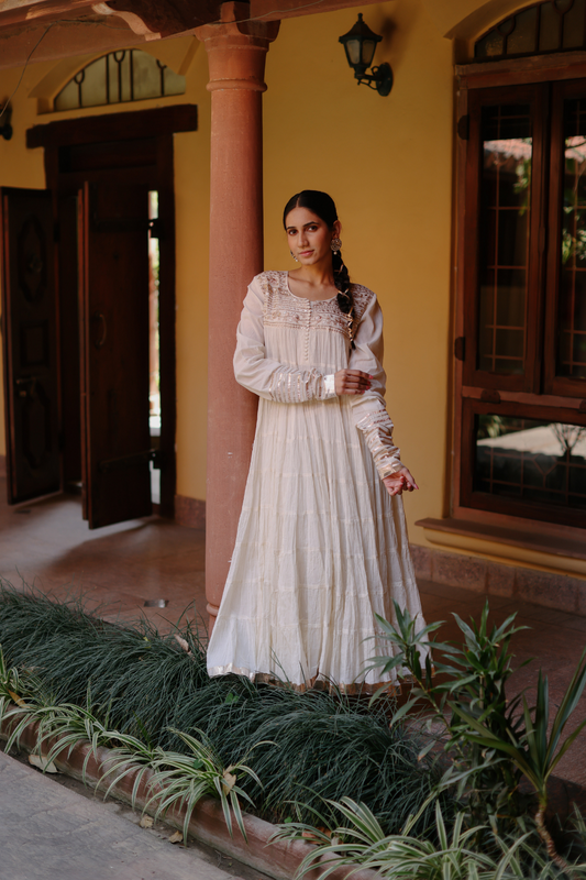 Ivory crushed anarkali with gota embroidery