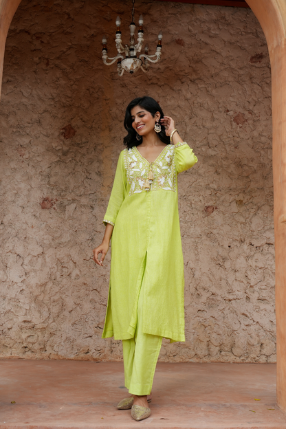 A refreshing lime-green kurta set