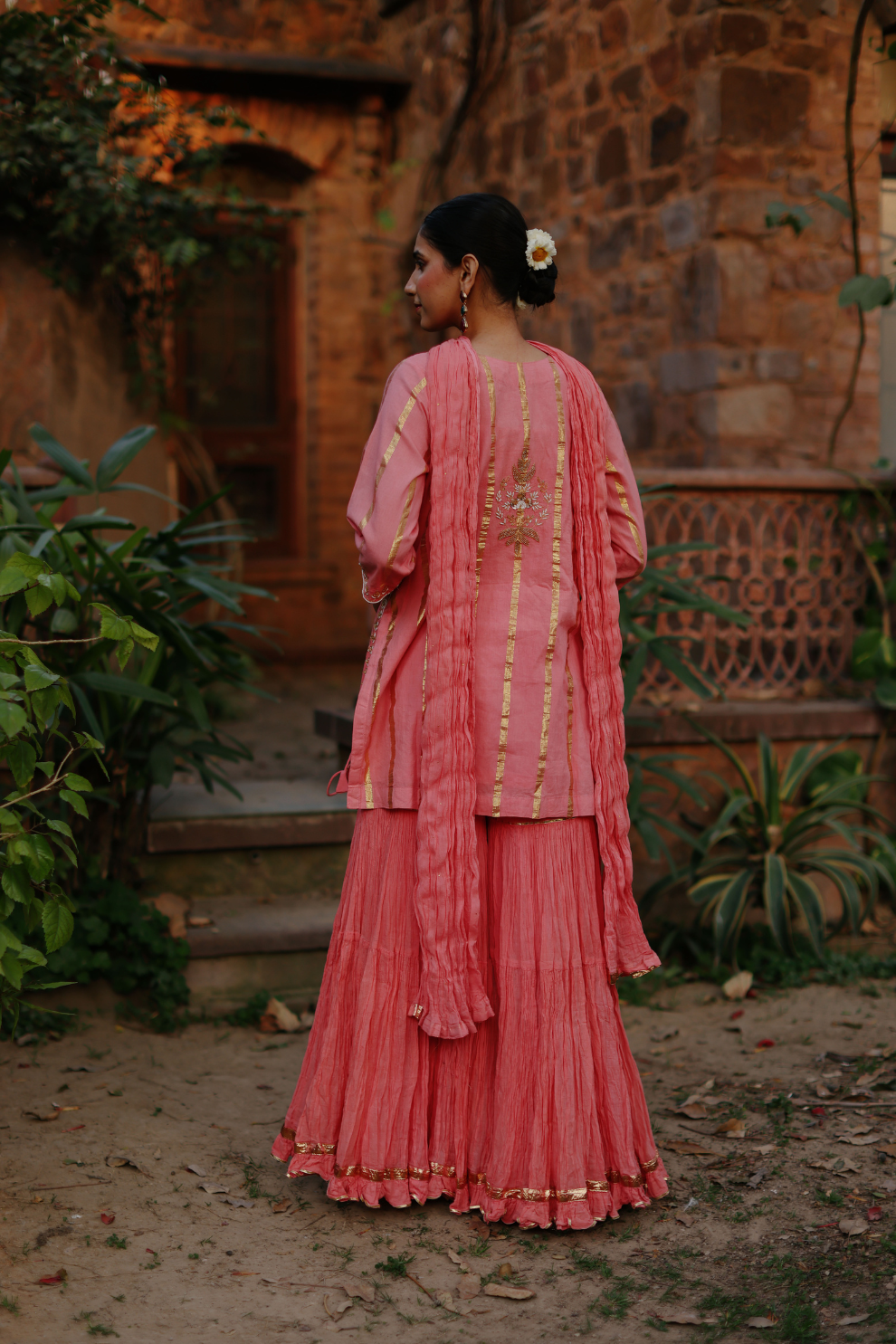 Coral embroidered kurta with crushed pallazo