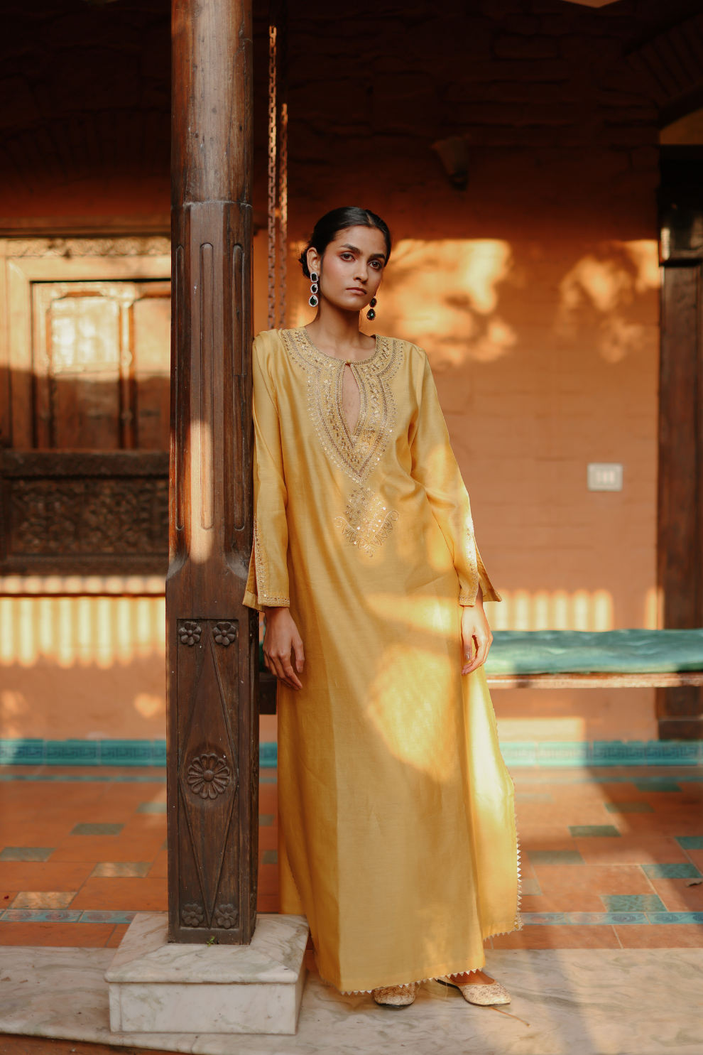 Yellow chanderi abaya with embroidered neckline