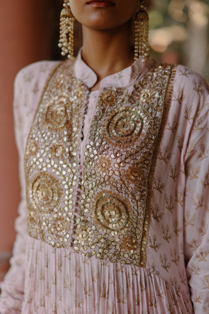 Pink khadi print anarkali with gota work