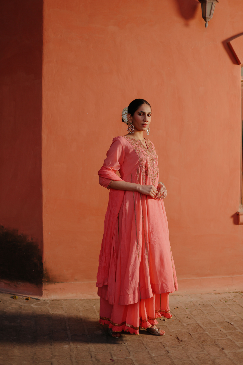 Coral Kurta with zari embroidery