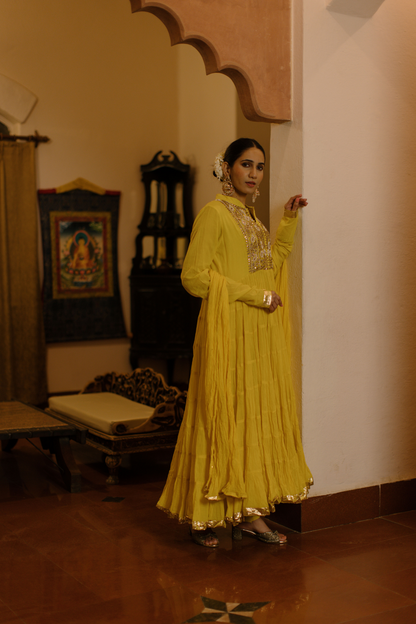 Yellow crushed kurta with embroidery