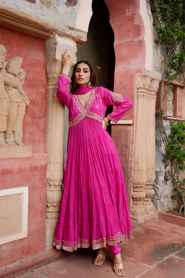 Fuchsia with Delicate Mirror work Anarkali Set