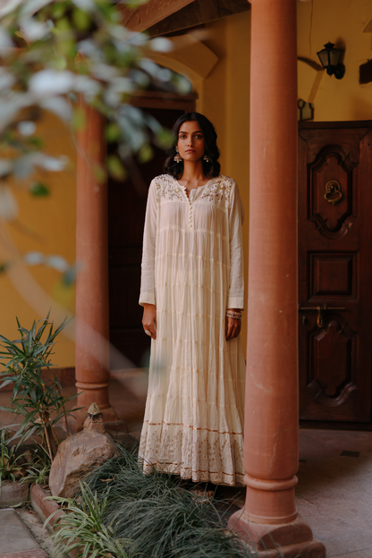 Ivory crushed anarkali with pearl embroidery