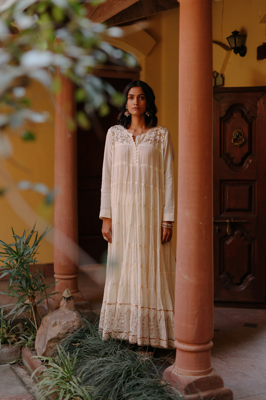 Ivory crushed anarkali with pearl embroidery