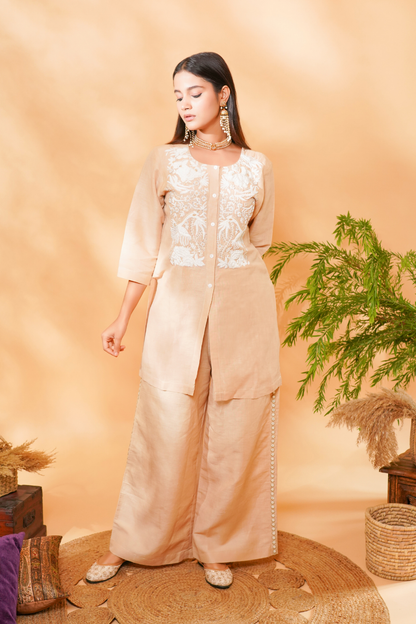 Beige co-ord set with white embroidered yoke