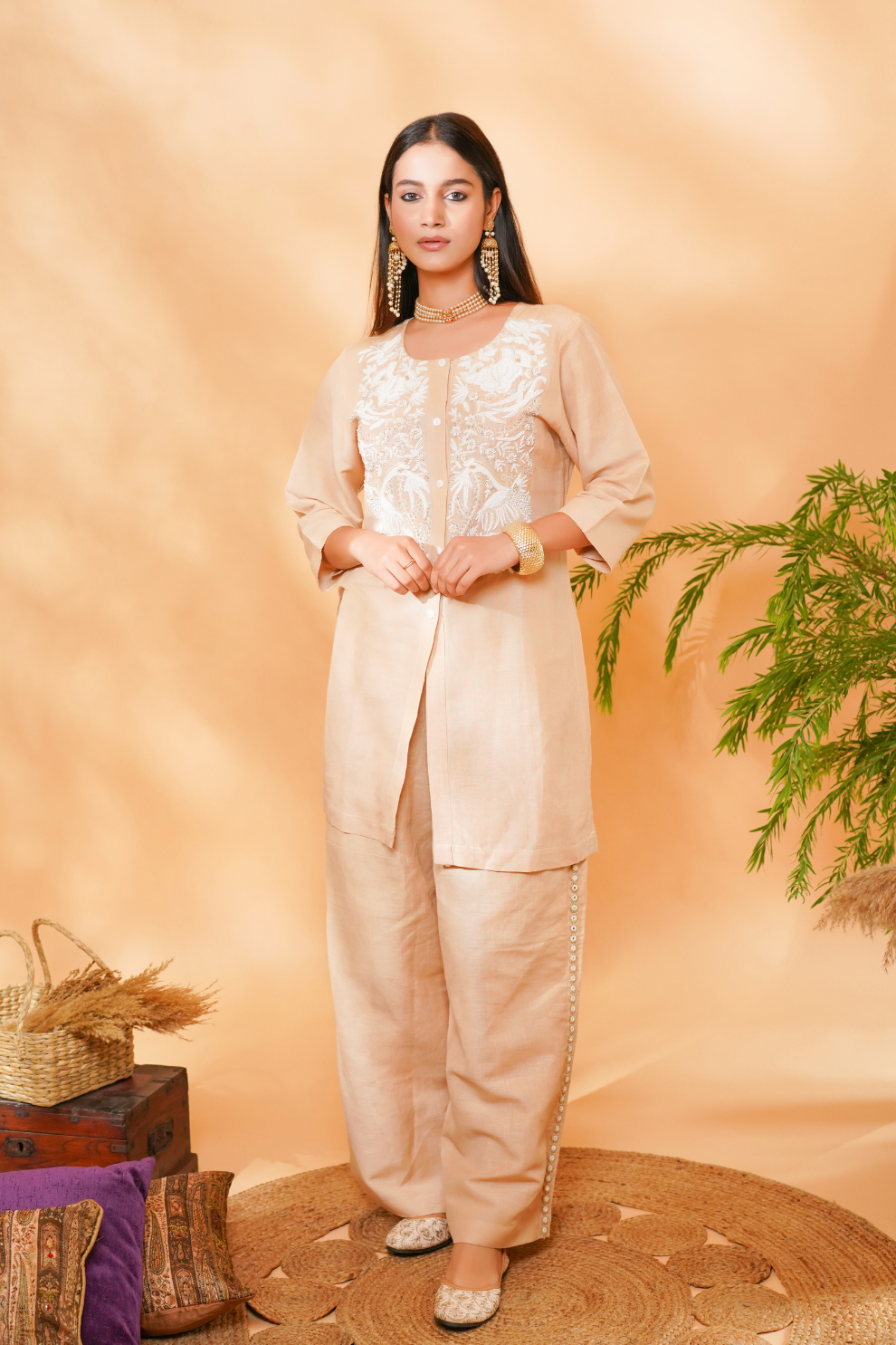 Beige co-ord set with white embroidered yoke