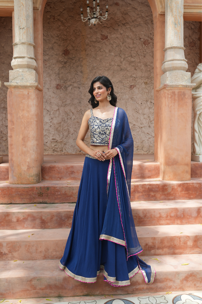 A navy blue lehenga set