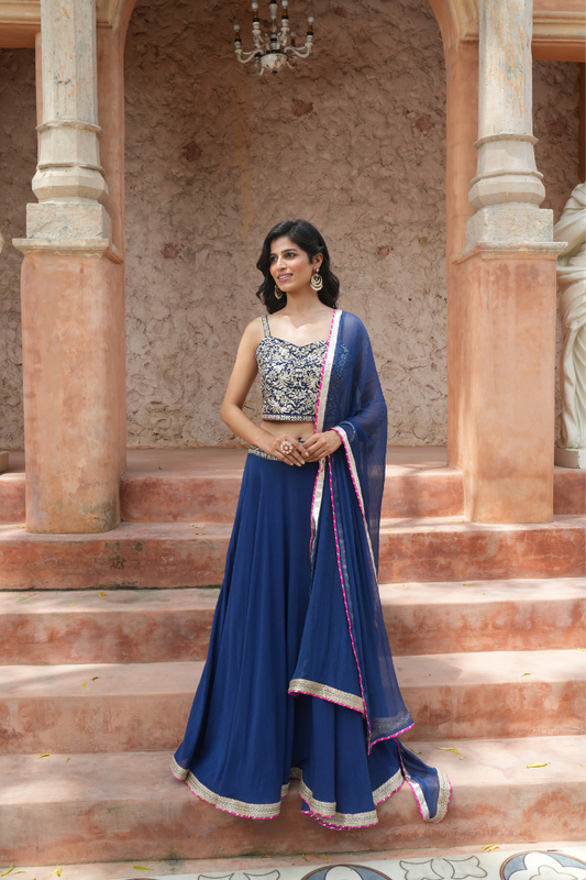 A navy blue lehenga set