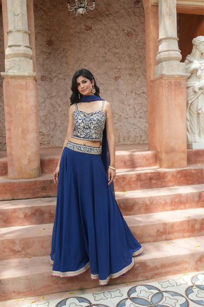 A navy blue lehenga set