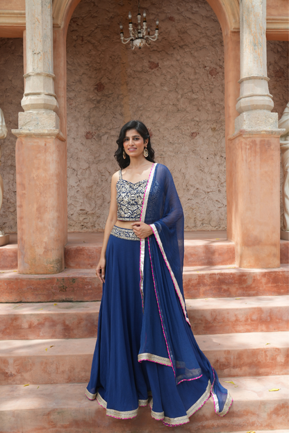 A navy blue lehenga set