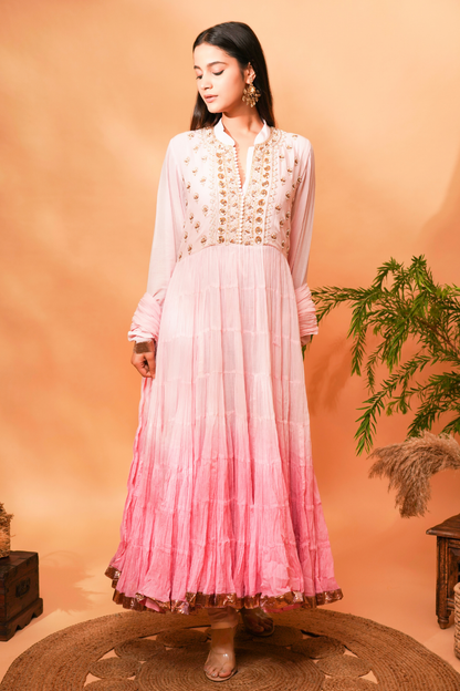 Ombre Pink anarkali with hand embroidery