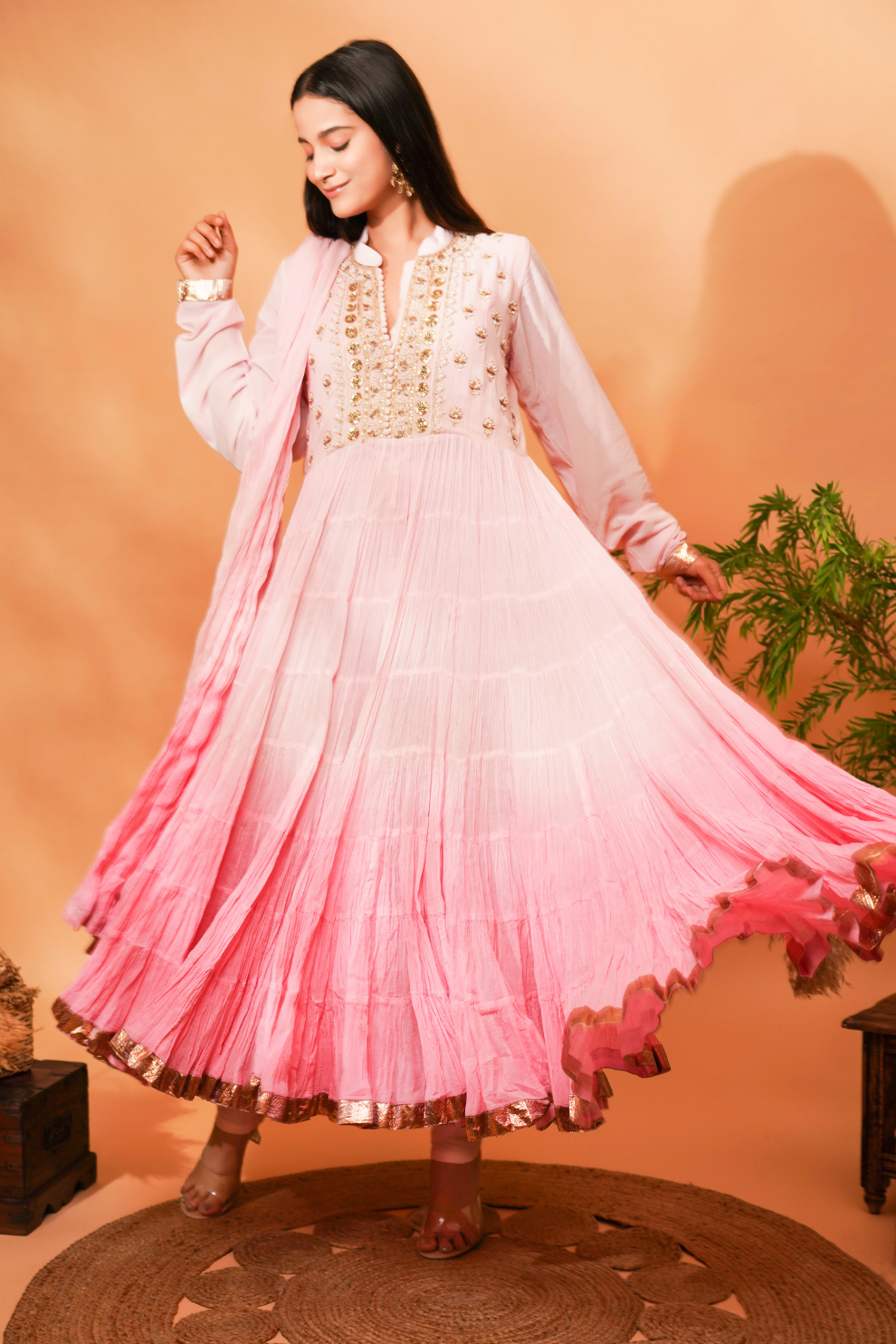 Ombre Pink anarkali with hand embroidery