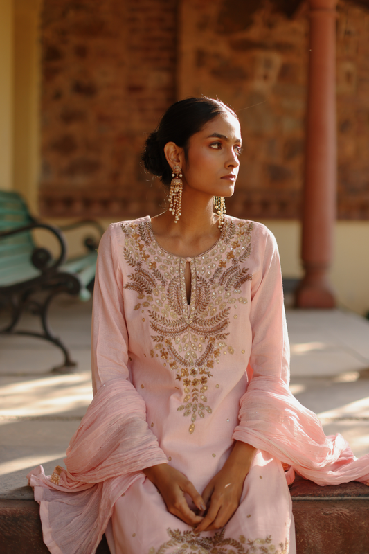 Pink kurta with intricate embroidery and salwaar with dupatta