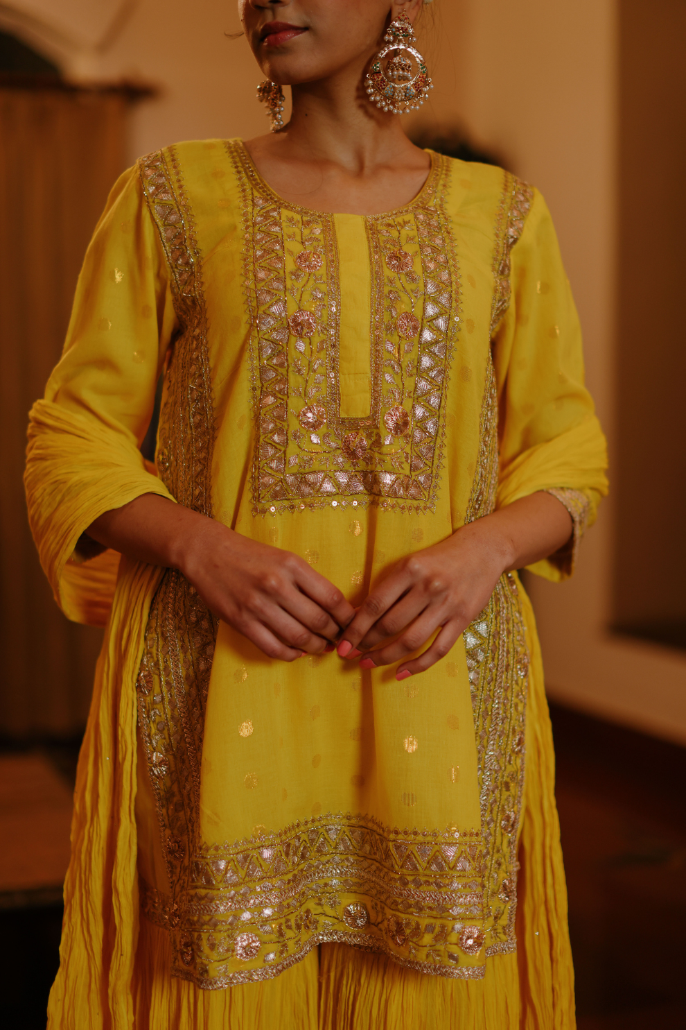 Yellow kurta with gotta embroidery with crushed garara and dupatta