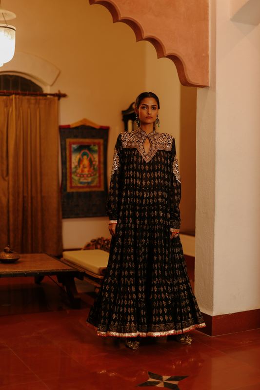 Black frill kurta with gold khadi print and embroidery