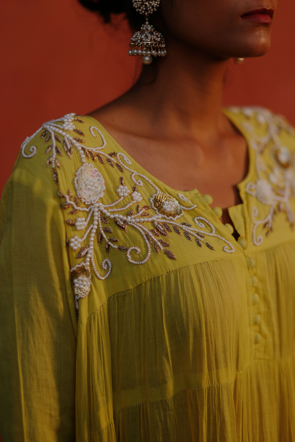 Lime green crushed kurta with bead work