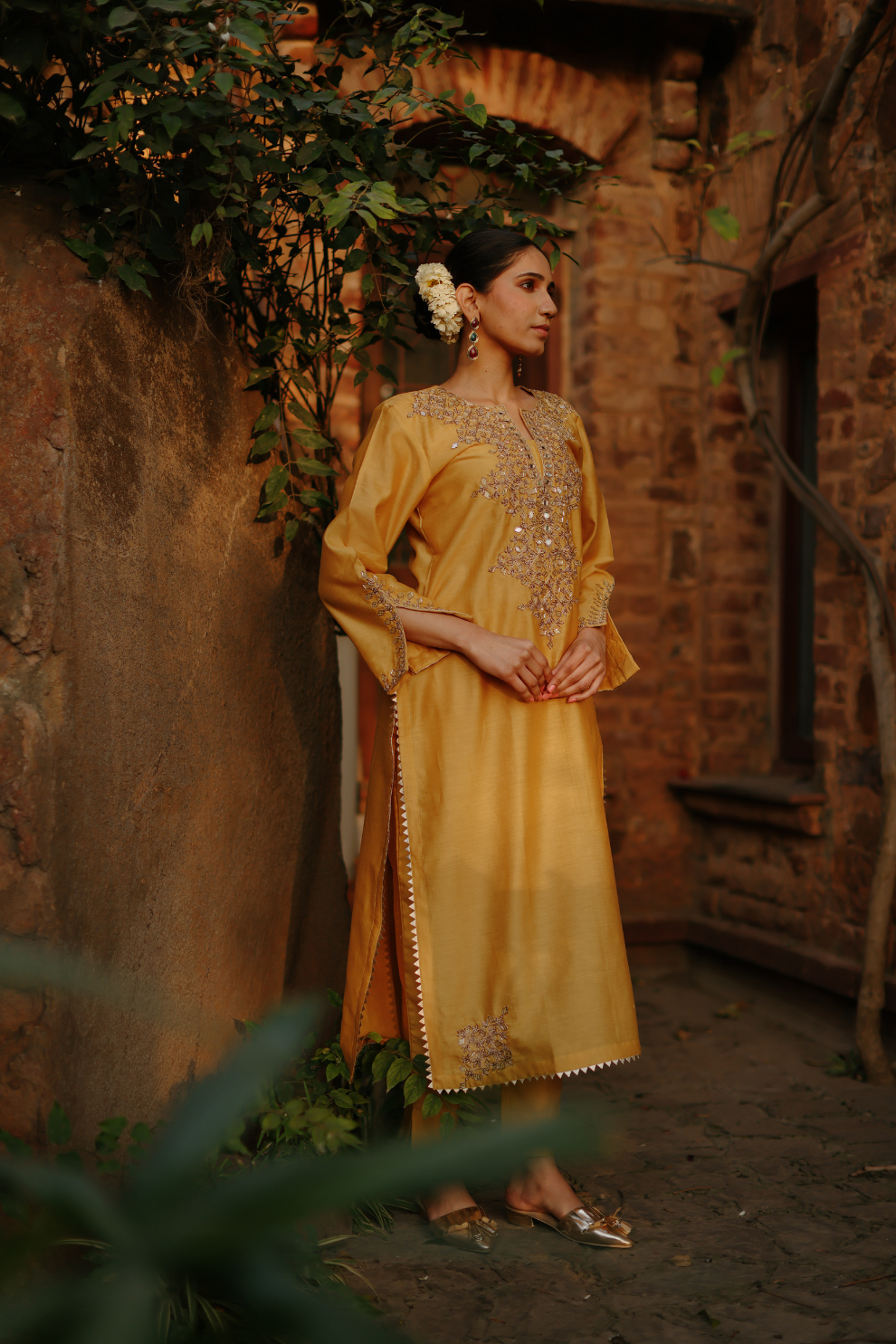 Chanderi yellow ochre kurta with embroidered neckline