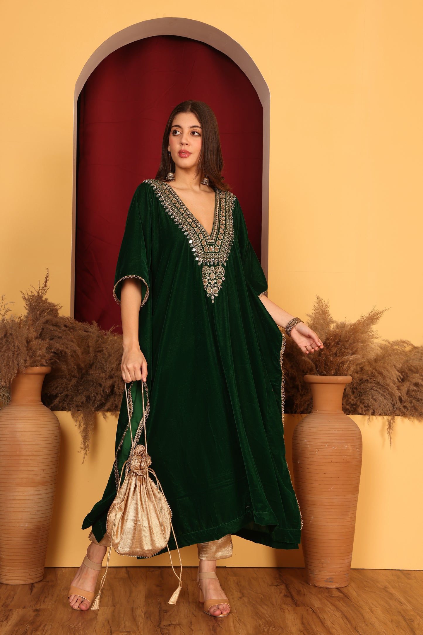 Luxe Olive Velvet Kaftan Ensemble