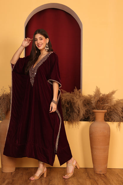 Opulent Maroon Velvet Kaftan Ensemble.