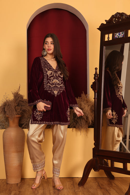 Wine short kurta with brocade pants