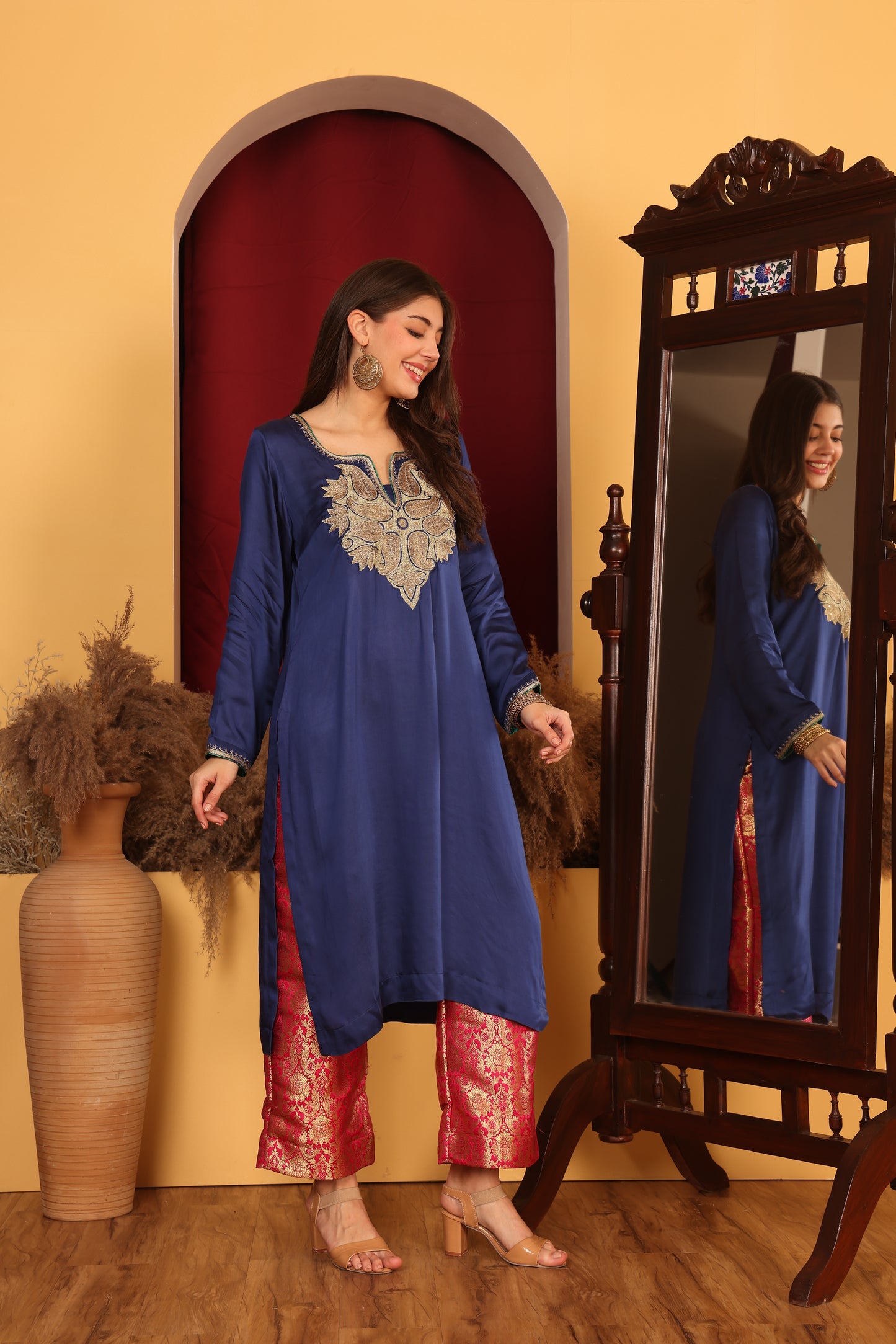 Kashmiri-Inspired Blue Satin Ensemble