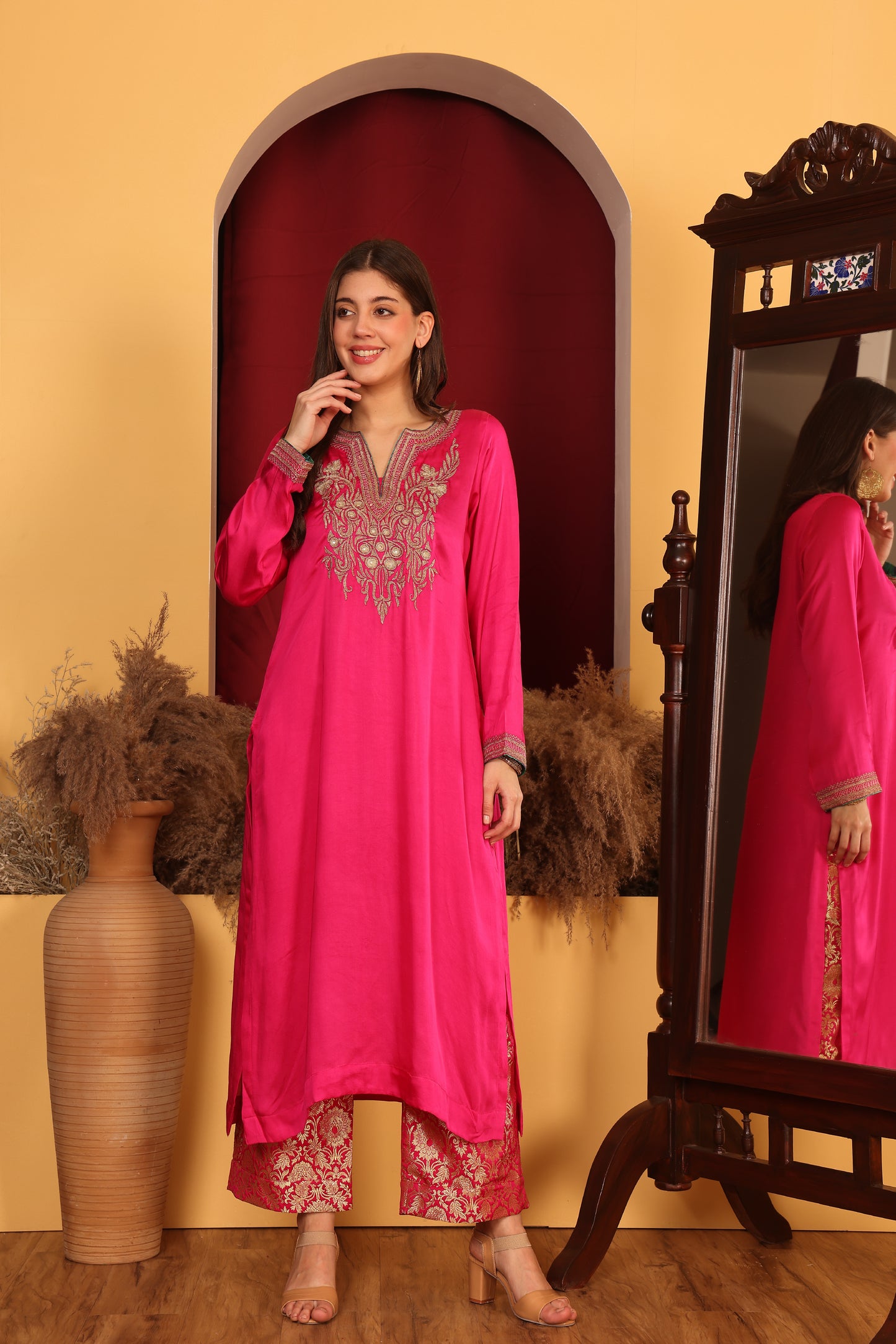 Vibrant Pink Satin Ethnic Ensemble