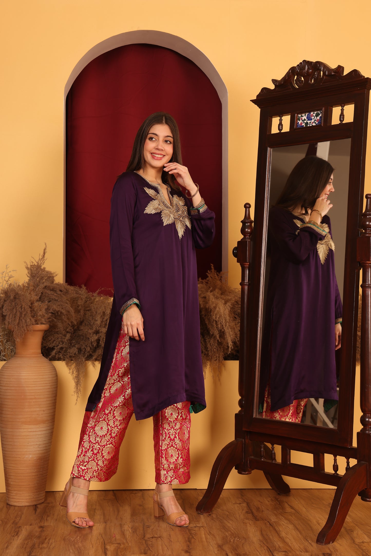 Kashmiri-Inspired Wine Satin Ensemble