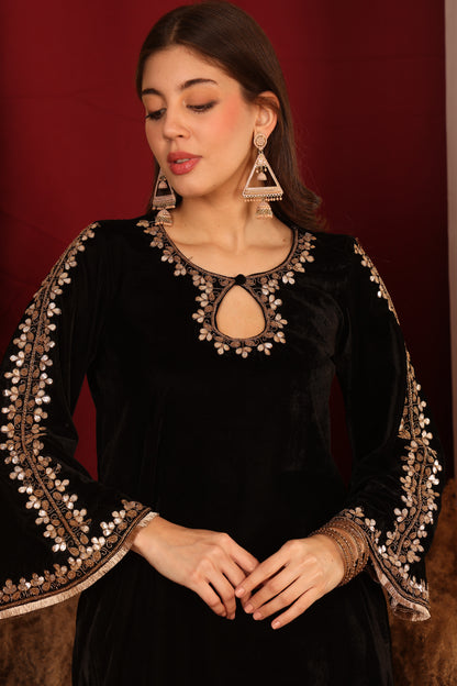 Flared Sleeve Black Velvet Ensemble