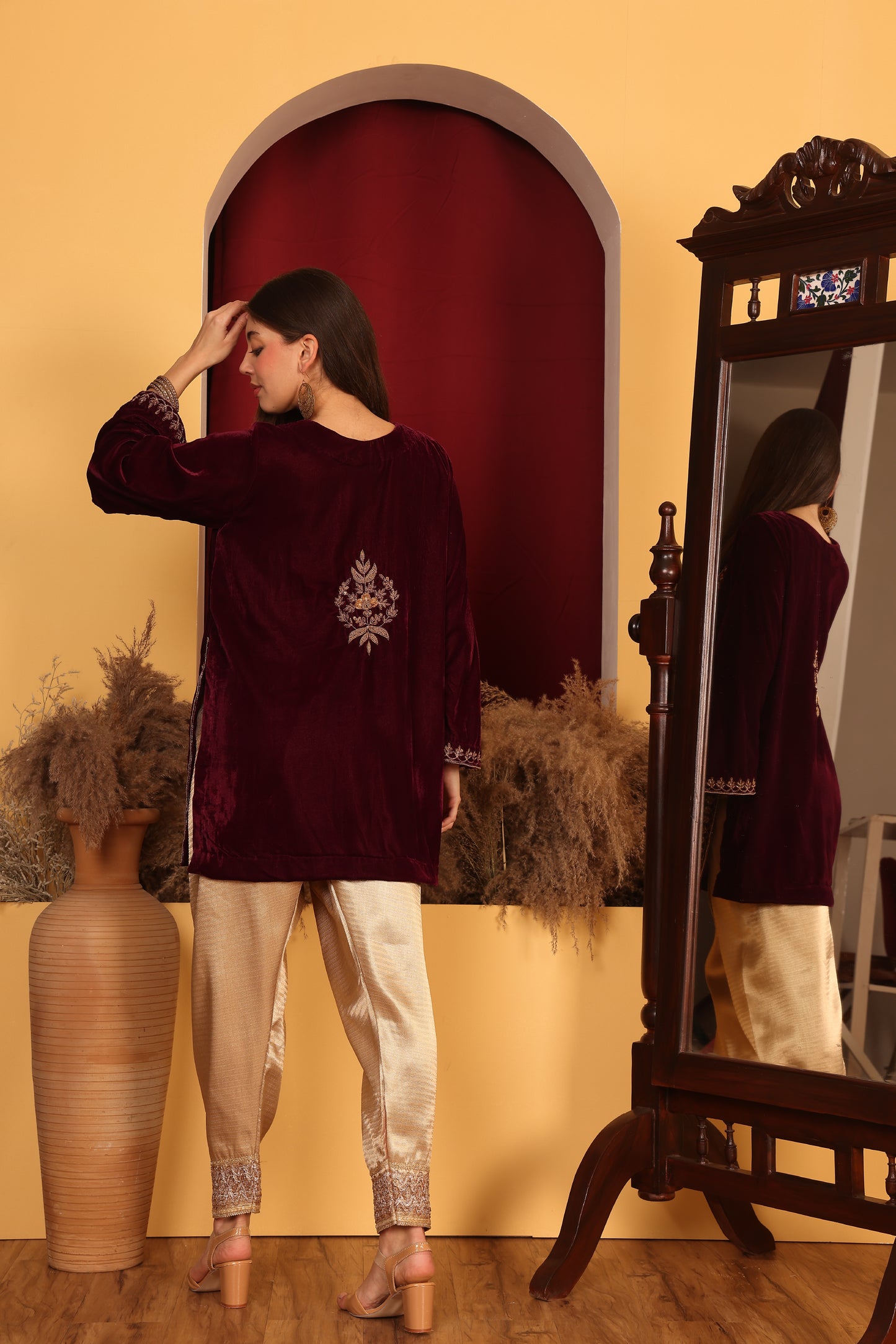 Wine short kurta with brocade pants