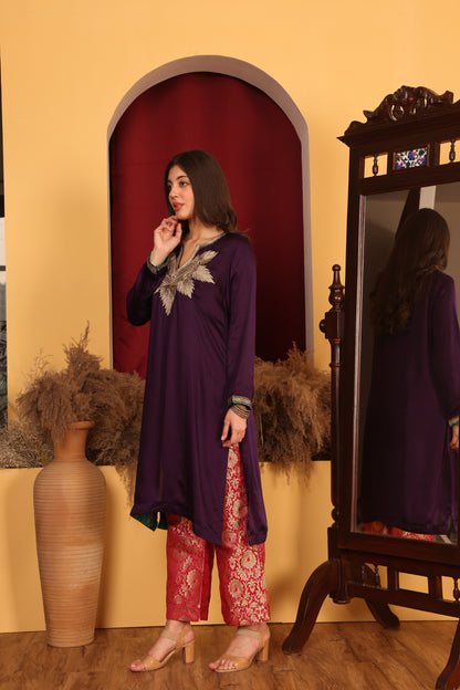 Kashmiri-Inspired Wine Satin Ensemble