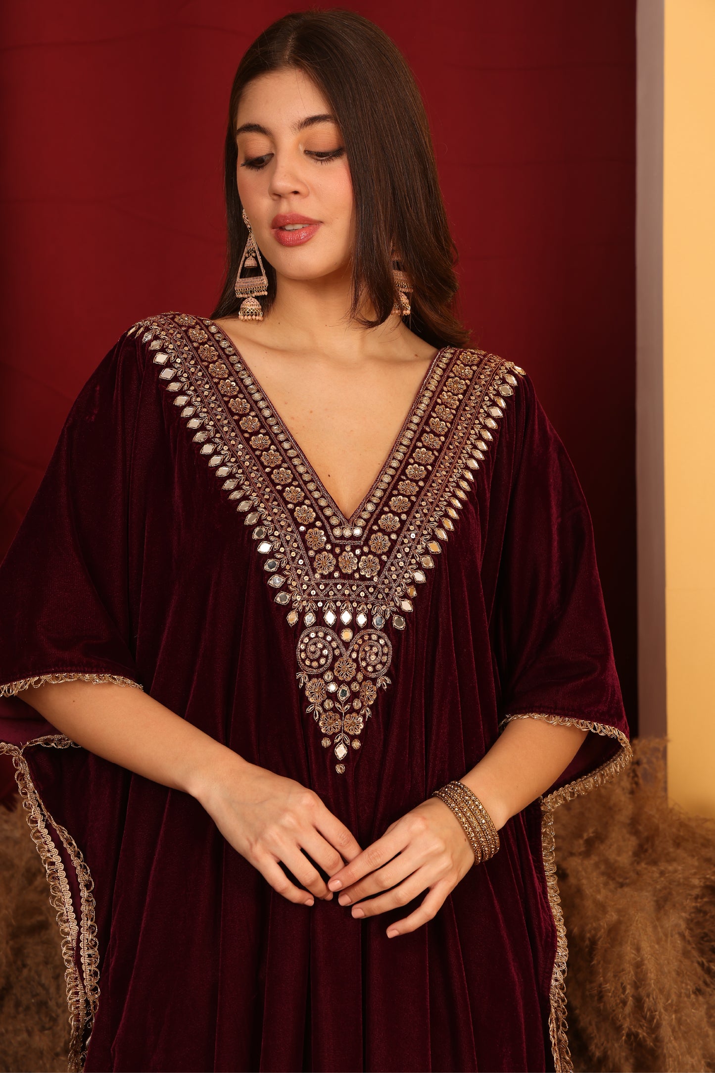 Opulent Maroon Velvet Kaftan Ensemble.