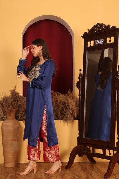 Kashmiri-Inspired Blue Satin Ensemble