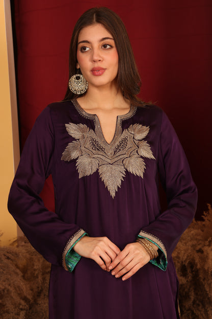 Kashmiri-Inspired Wine Satin Ensemble