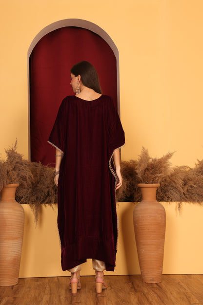 Opulent Maroon Velvet Kaftan Ensemble.