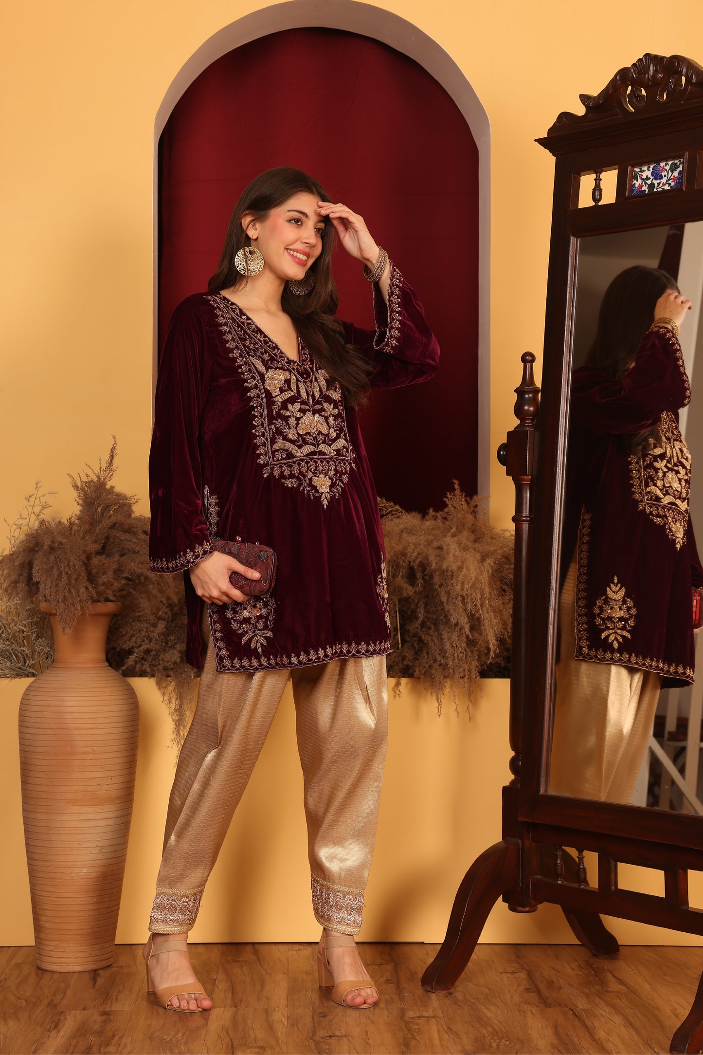 Wine short kurta with brocade pants