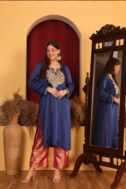 Kashmiri-Inspired Blue Satin Ensemble