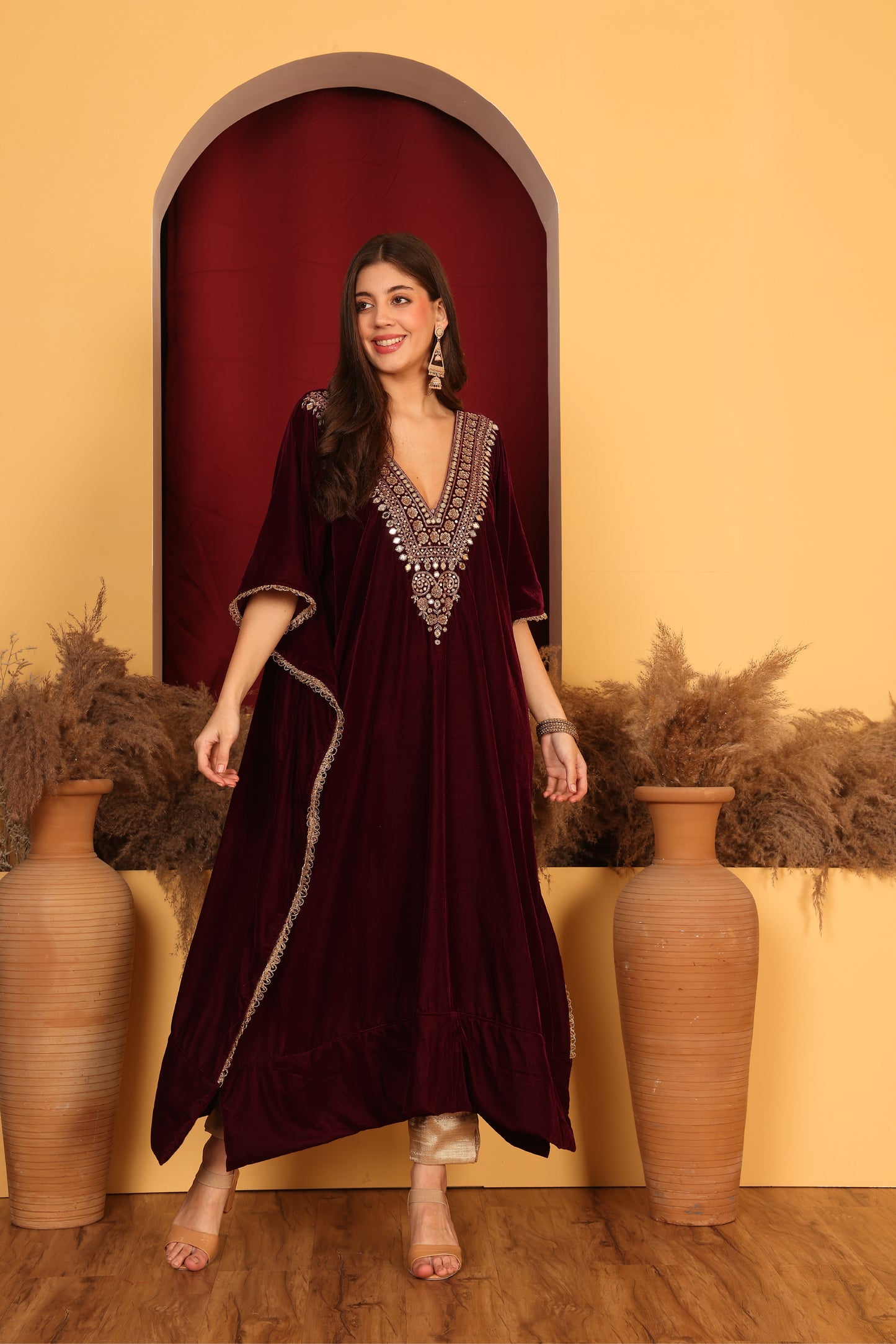 Opulent Maroon Velvet Kaftan Ensemble.