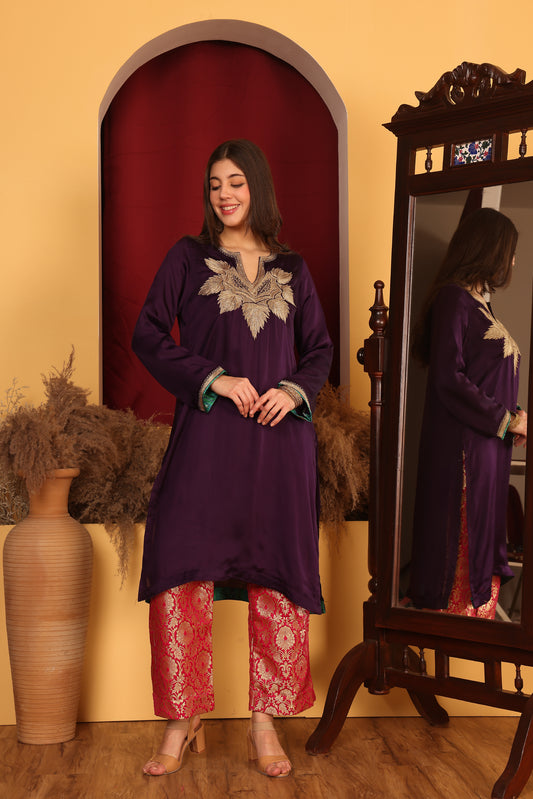 Kashmiri-Inspired Wine Satin Ensemble